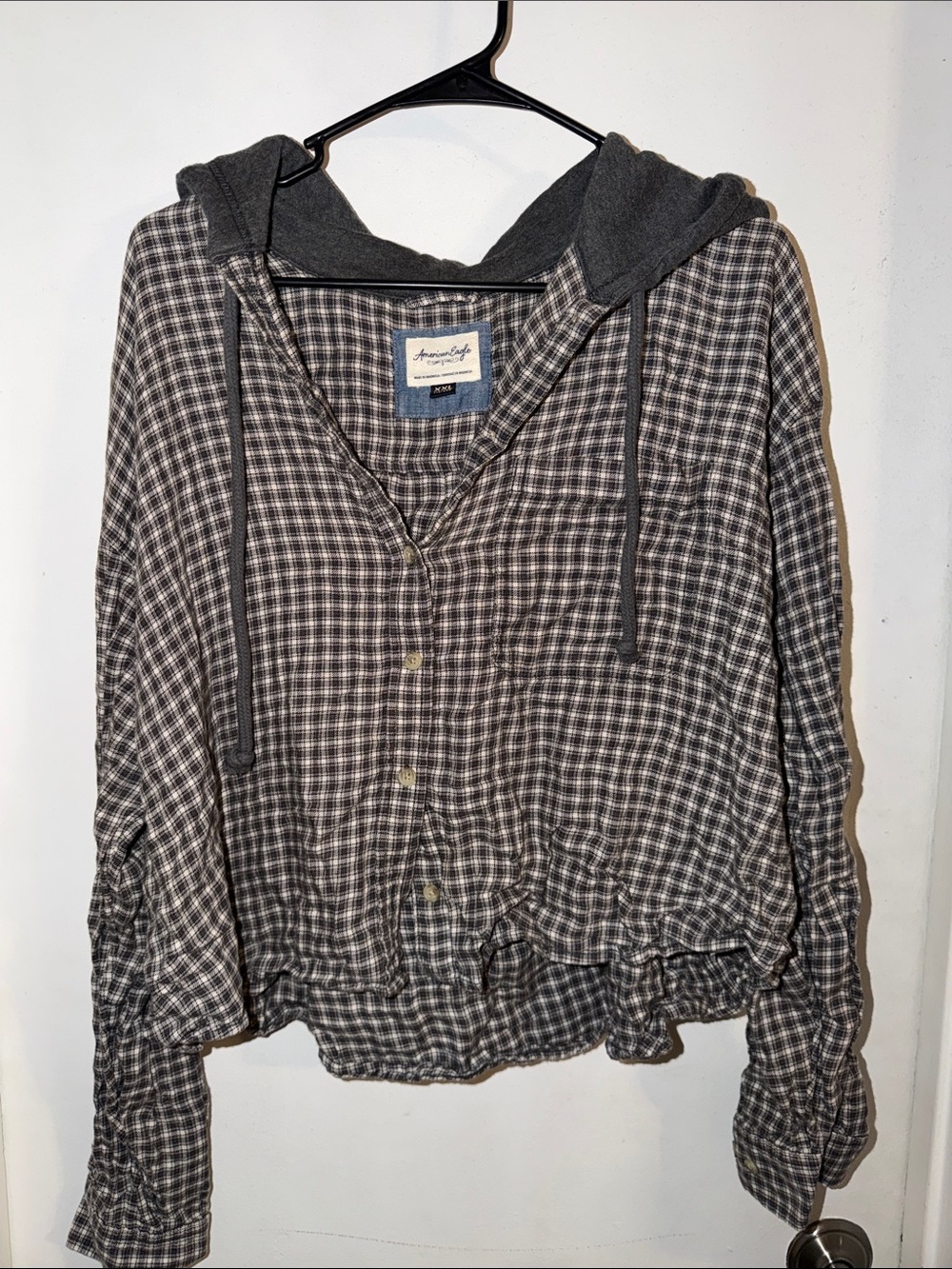 American Eagle Outfitters Gray Plaid Hooded Buttoned Sweatshirt